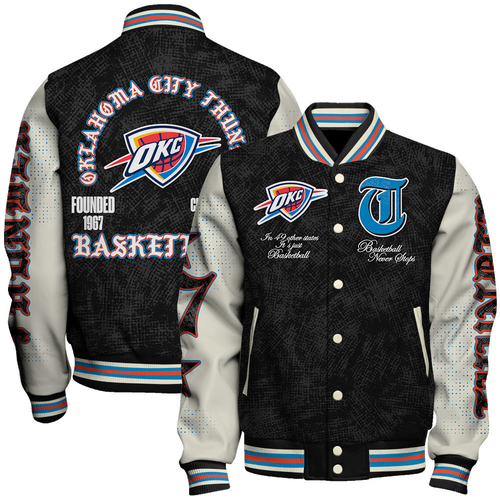 oklahoma city thunder team logo sport pattern style baseball varsity jacket baseball jacket all over print cabzr