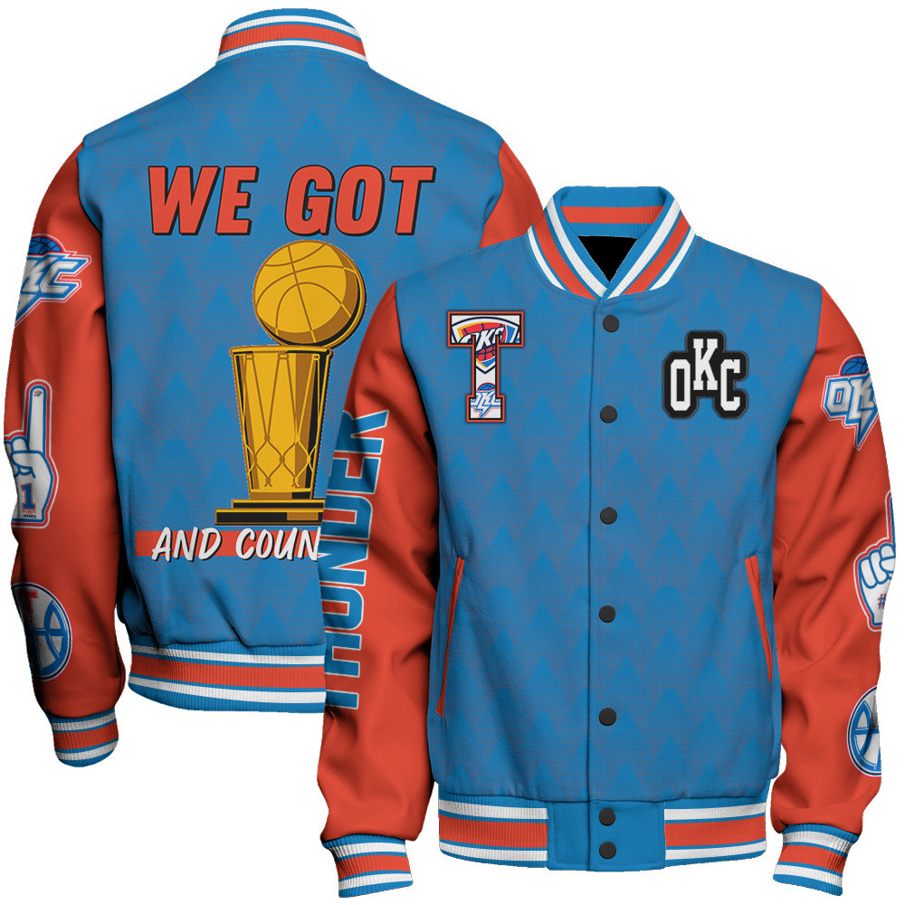 oklahoma city thunder team logo sport pattern trophy baseball varsity jacket baseball jacket all over print qnxeh