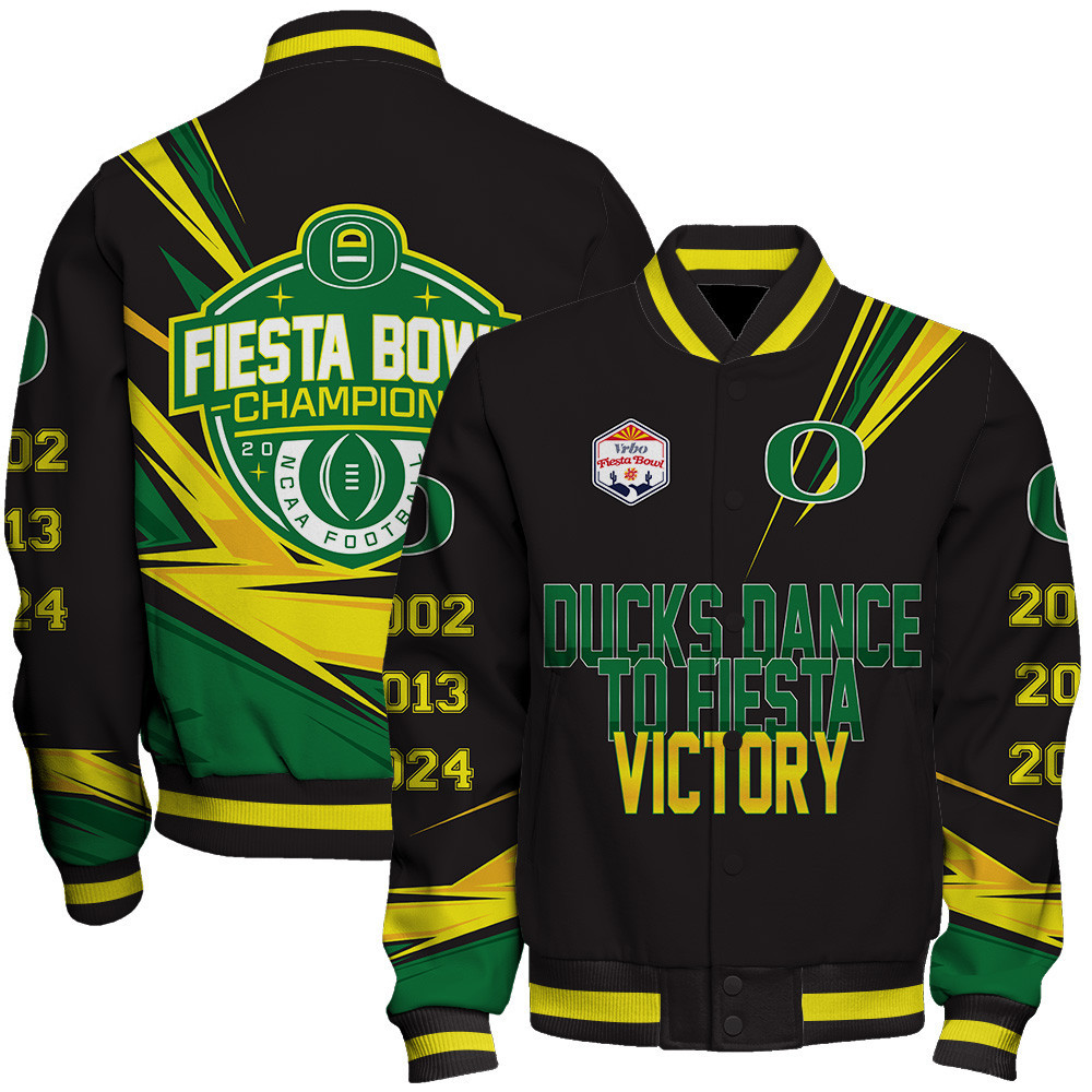 oregon ducks ncaa 2024 fiesta bowl ducks dance to fiesta victory print baseball varsity jacket baseball jacket all over print bpeye