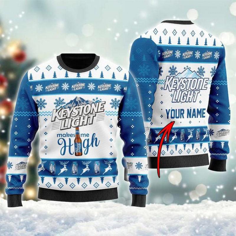 personalized keystone light makes me high christmas ugly sweater flexiquor com