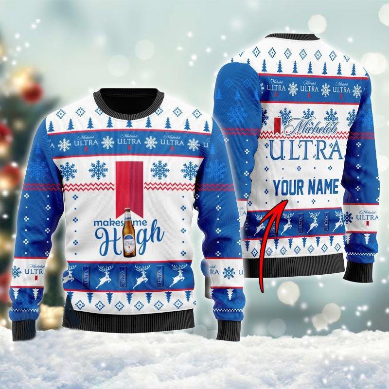 personalized michelob ultra makes me high christmas ugly sweater flexiquor com 35665848369431 1 copy