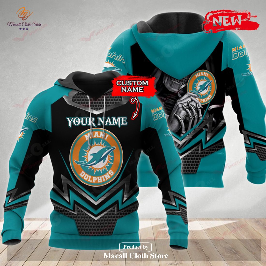 personalized name nfl miami dolphins 3d skull design hoodie sweatshirt 3d 1 lvr3C