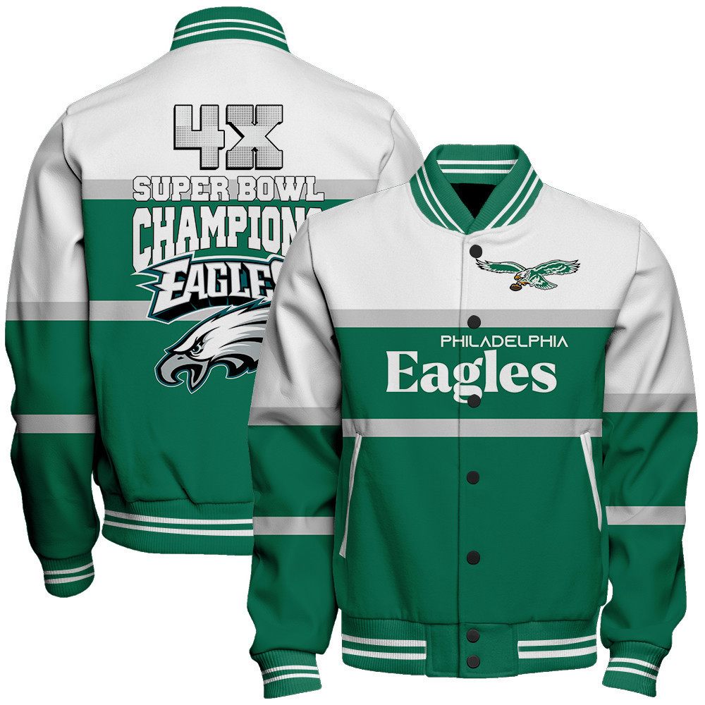 philadelphia eagles 4x super bowl champions design baseball varsity jacket baseball jacket all over print mvo4b