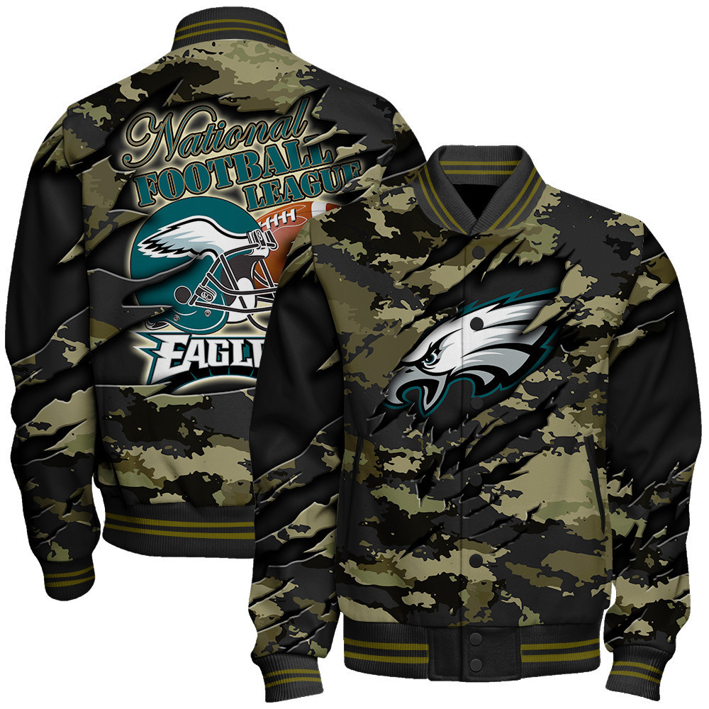 philadelphia eagles black camo pattern nfl baseball varsity jacket baseball jacket all over print b3rg9