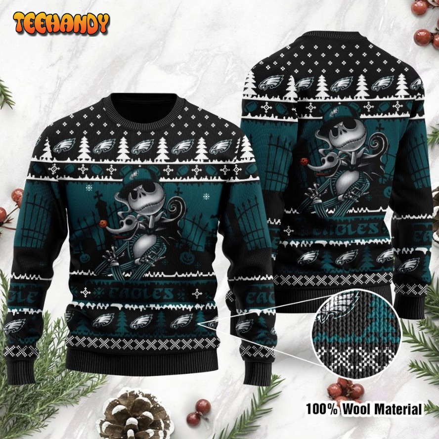 philadelphia eagles jack skellington halloween holiday ugly christmas sweater yxv4e