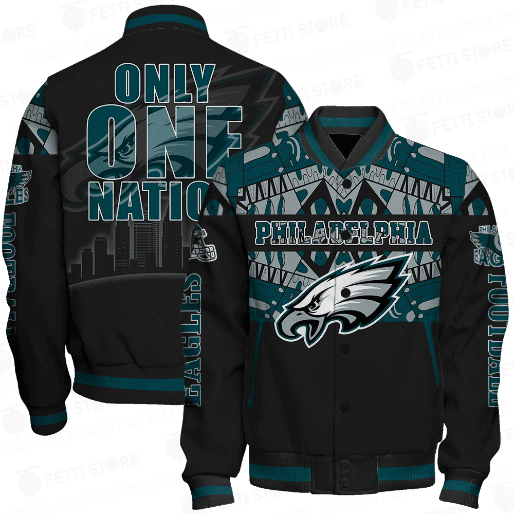 philadelphia eagles only one nation print baseball varsity jacket baseball jacket all over print f4hji