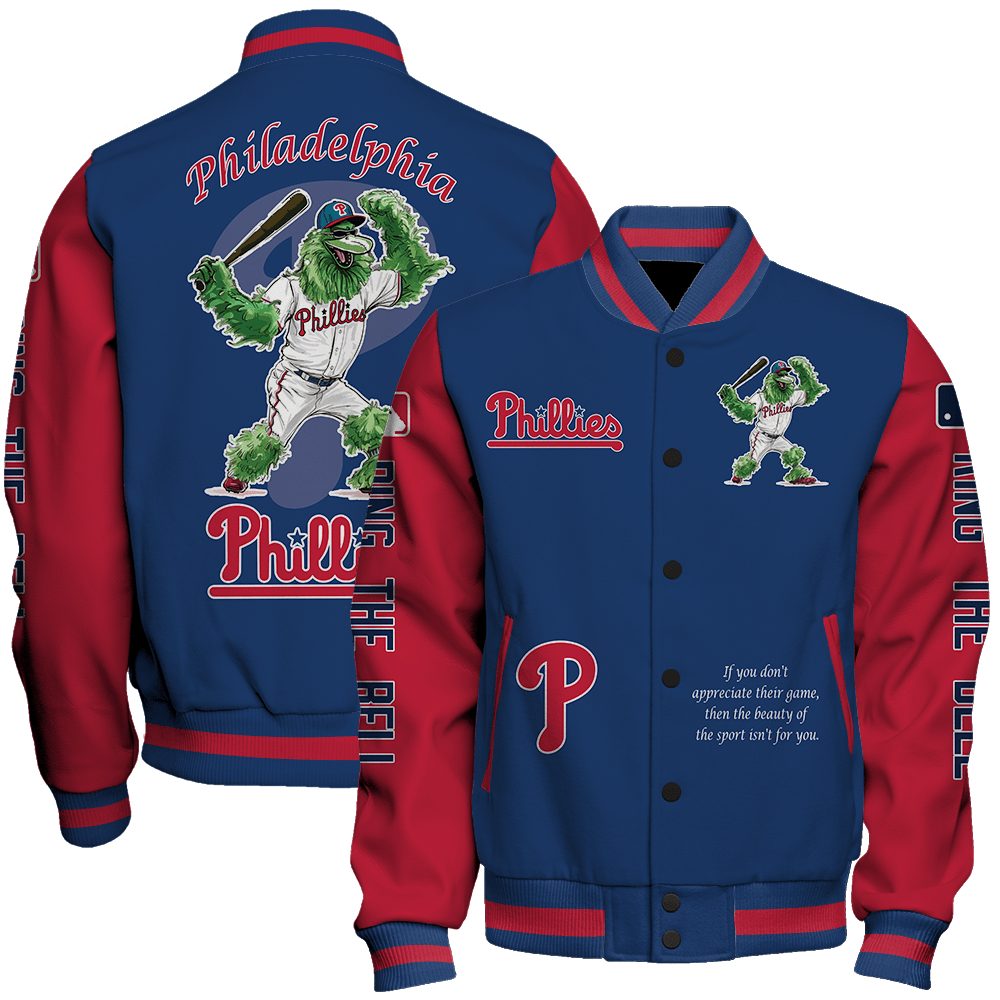 philadelphia phillies mlb baseball the phillie phanatic mascot ring the bell special design 3d unisex baseball varsity jacket baseball jacket all over print h6k7t