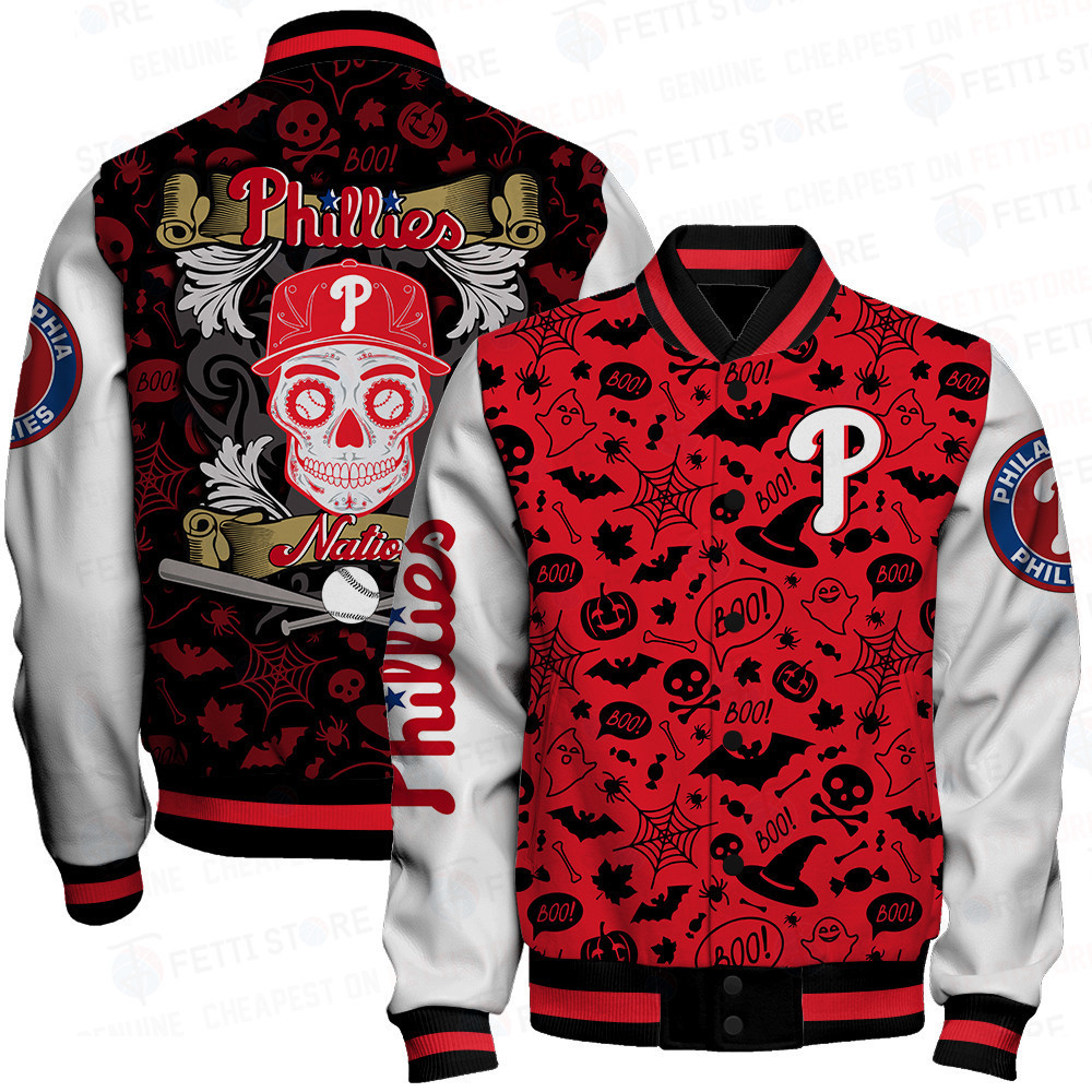 philadelphia phillies mlb halloween pattern baseball varsity jacket baseball jacket all over print sffxo