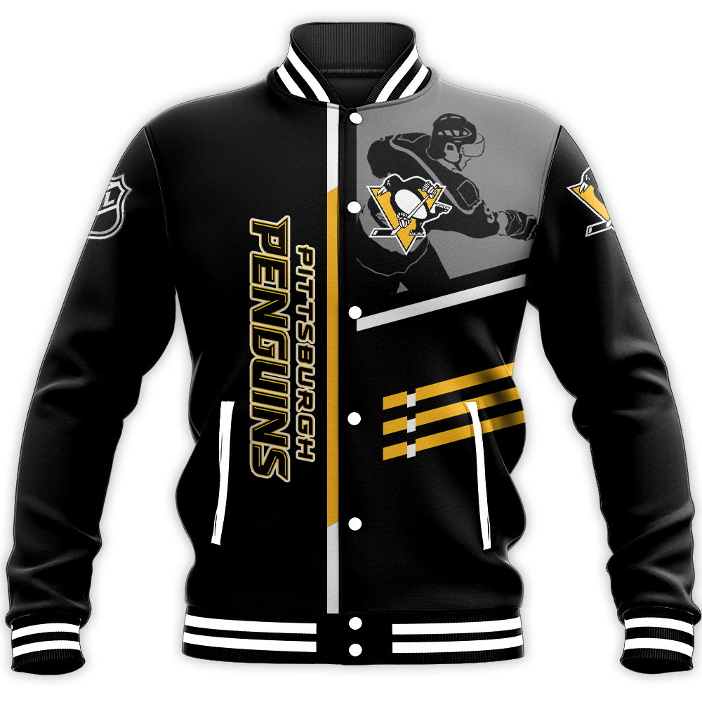 pittsburgh penguins baseball jacket button up zipper hooded all over print personalized hockey for fan nhl um8lt