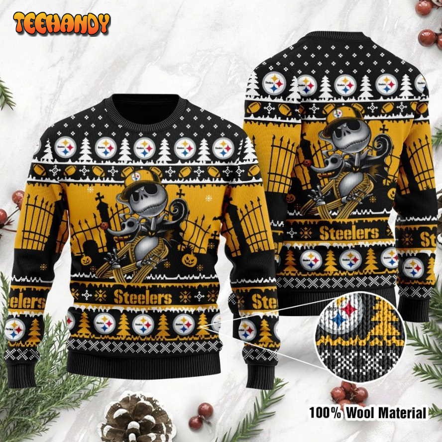 pittsburgh steelers jack skellington halloween holiday party ugly sweater mn55x