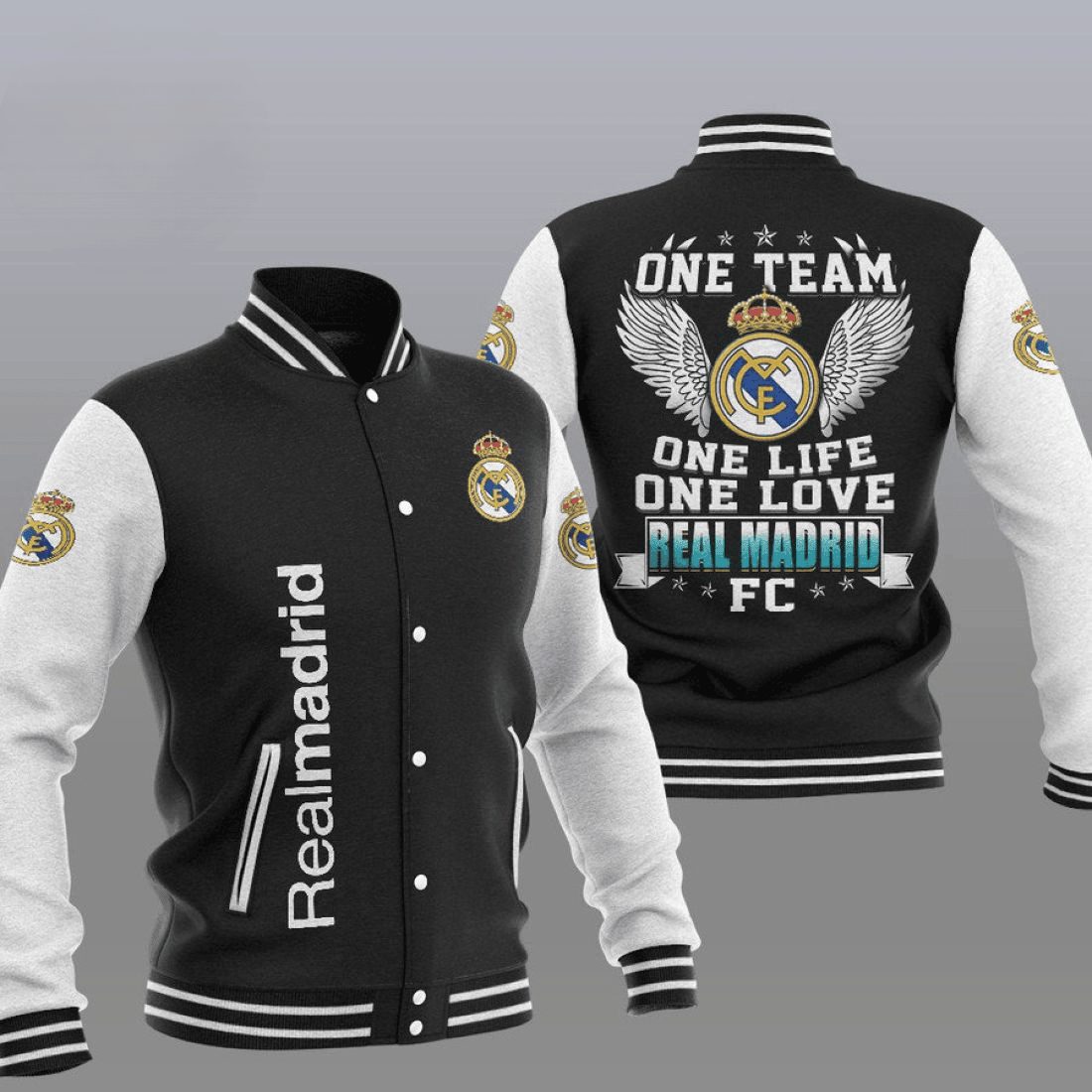 real madrid black one team baseball varsity jacket baseball jacket all over print zfdst