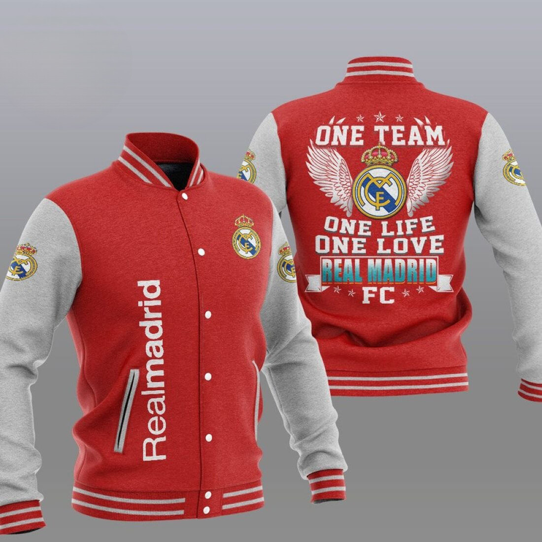 real madrid red grey one team baseball varsity jacket baseball jacket all over print uyiqn