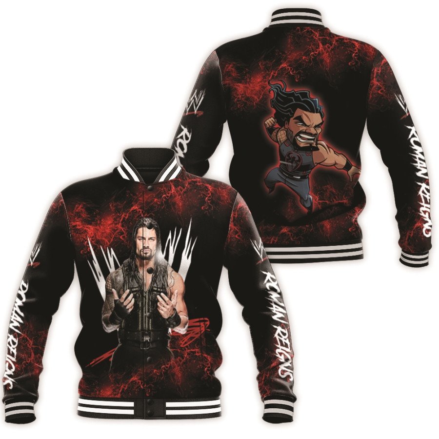 roman reigns wwe signed universal champion professional wrestler black 3d designed allover gift for roman reigns fans baseball jacket button up zipper hooded all over print jrziq