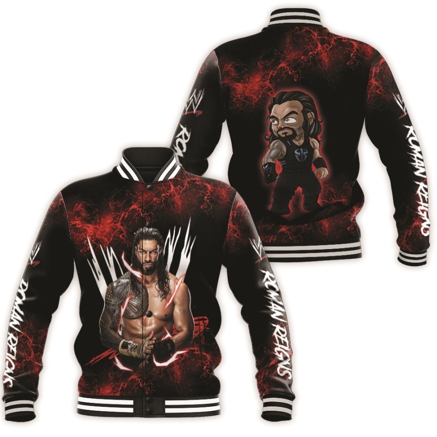 roman reigns wwe universal champion professional wrestler black 3d designed allover gift for roman reigns fans baseball jacket button up zipper hooded all over print bbo6t