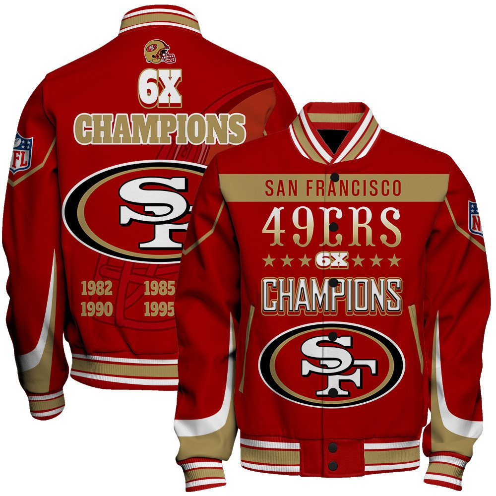 san francisco 49ers 6x super bowl champions baseball varsity jacket baseball jacket all over print qebnq