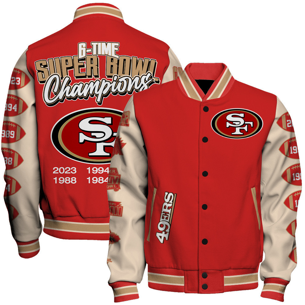 san francisco 49ers 6x super bowl champions unisex baseball varsity jacket baseball jacket all over print sfat v13 97vxw