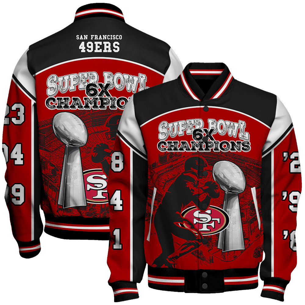 san francisco 49ers 6x super bowl champions unisex baseball varsity jacket baseball jacket all over print sfat v23 9dkk6