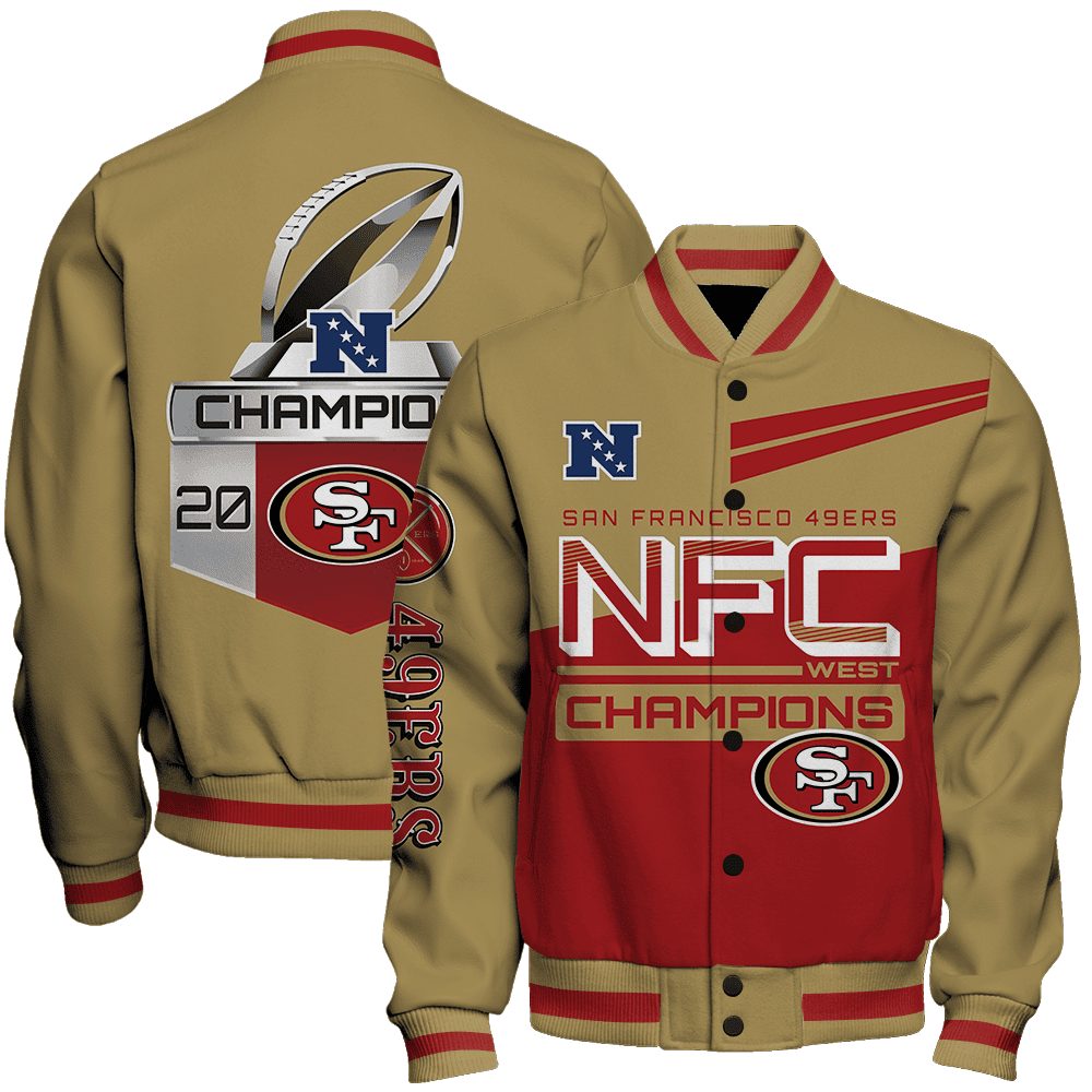 san francisco 49ers nfc west 2023 champions nfl baseball varsity jacket baseball jacket all over print ubtmz