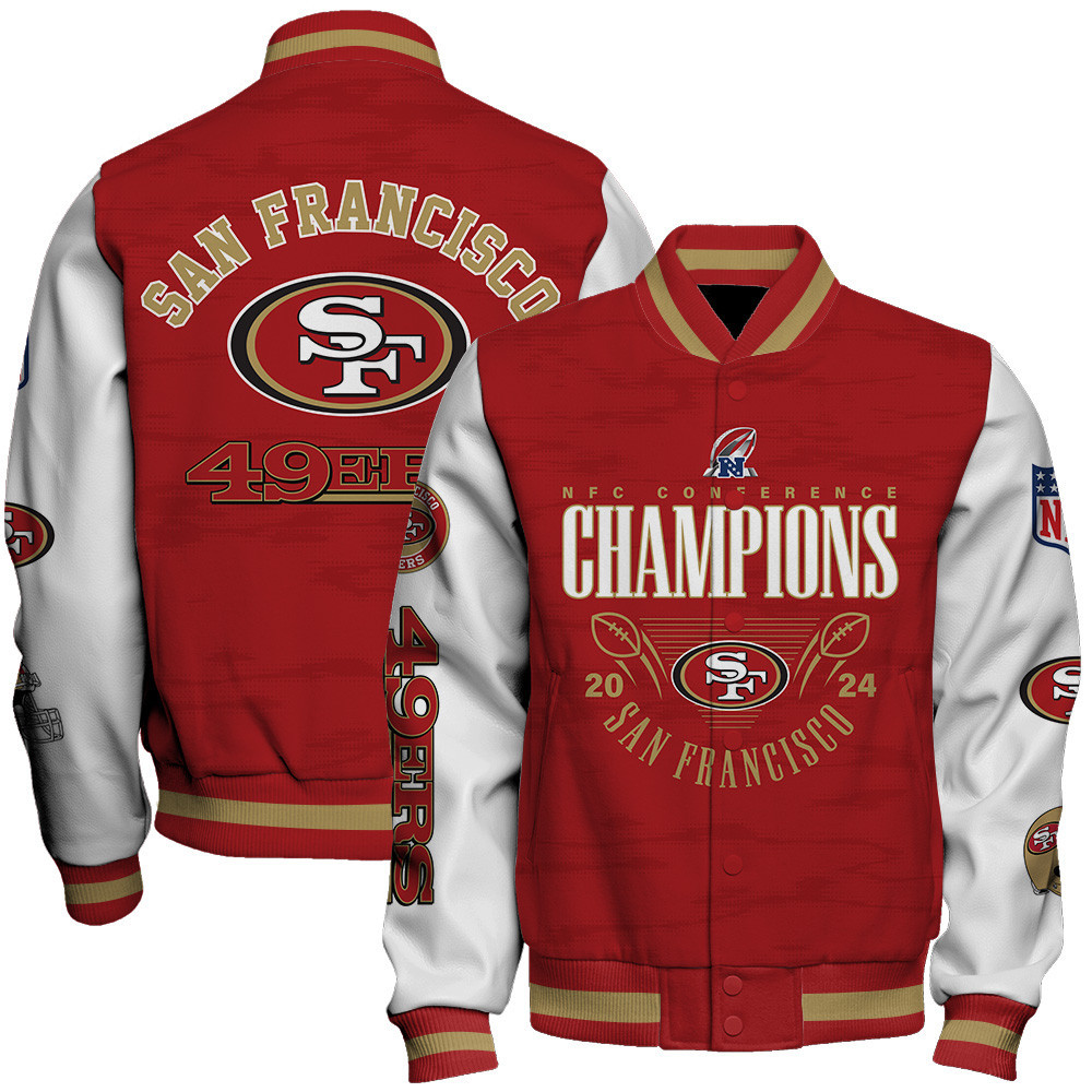 san francisco 49ers nfl 2024 nfc conference champions super bowl lviii baseball varsity jacket baseball jacket all over print t6v5p