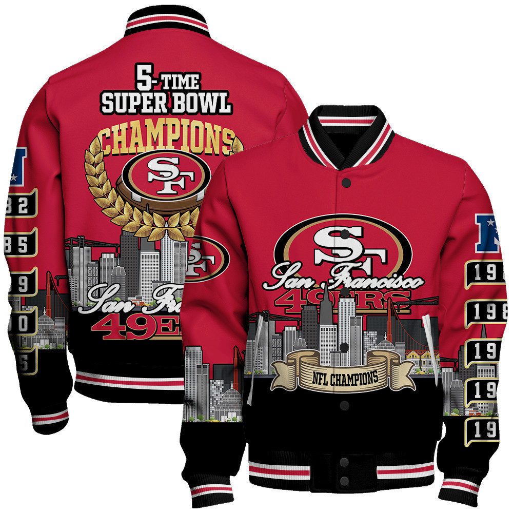 san francisco 49ers nfl 5 time super bowl champions city design baseball varsity jacket baseball jacket all over print hqdob