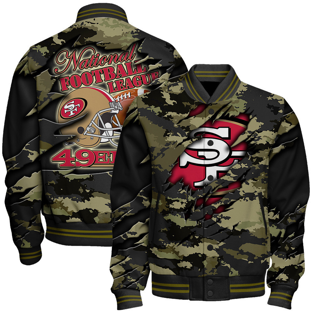 san francisco 49ers nfl black camo pattern nfl baseball varsity jacket baseball jacket all over print nxork