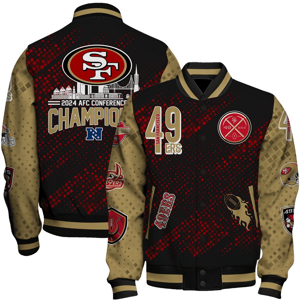 san francisco 49ers nfl division 2024 nfc conference champions design unisex baseball varsity jacket baseball jacket all over print jqf2u