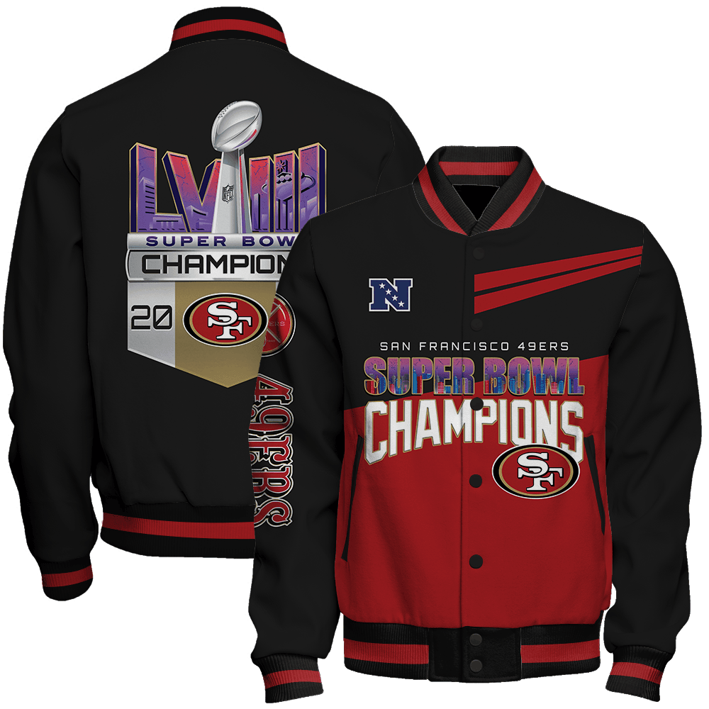 san francisco 49ers nfl division 2024 super bowl champions lviii unisex baseball varsity jacket baseball jacket all over print lmtrm