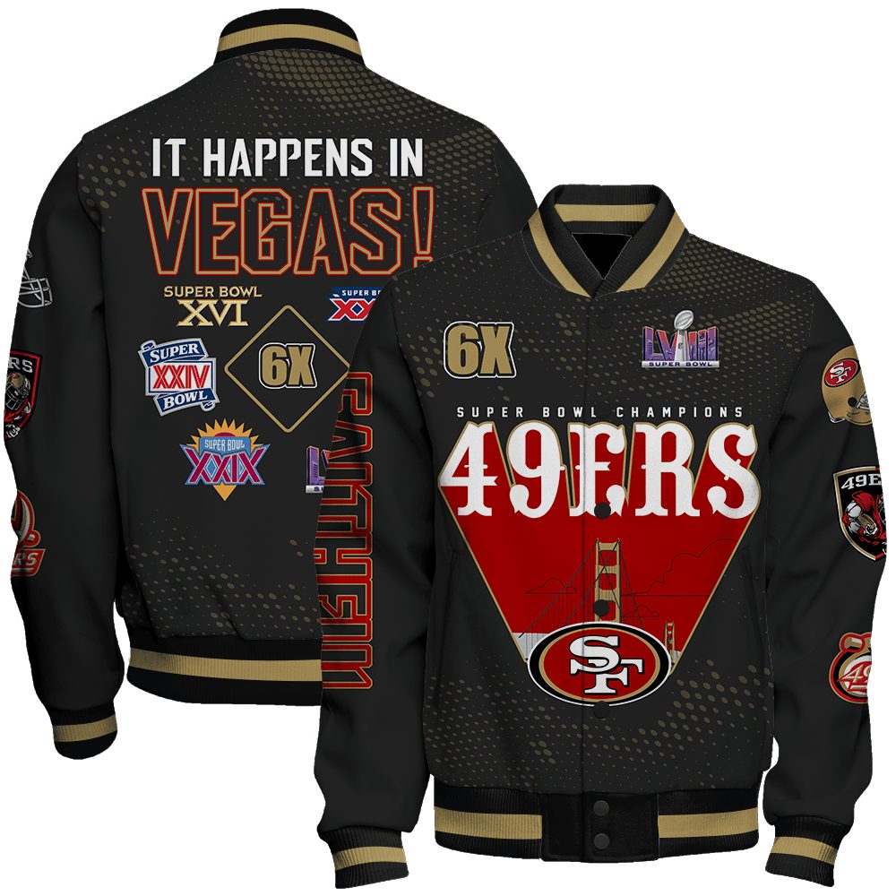 san francisco 49ers nfl it happens in vegas 6x super bowl lviii champions faithful baseball varsity jacket baseball jacket all over print rlznk