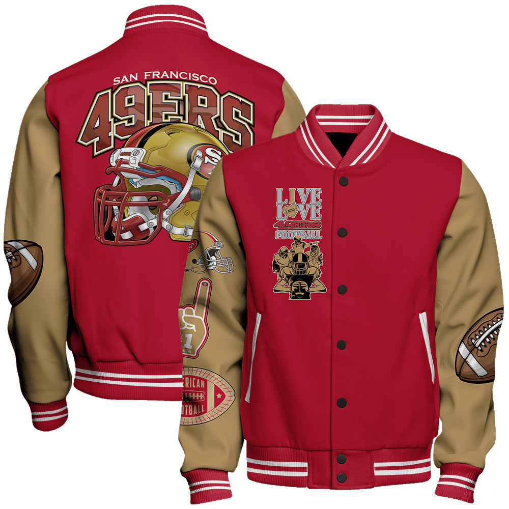 san francisco 49ers nfl live love 49ers football print baseball varsity jacket baseball jacket all over print z447i