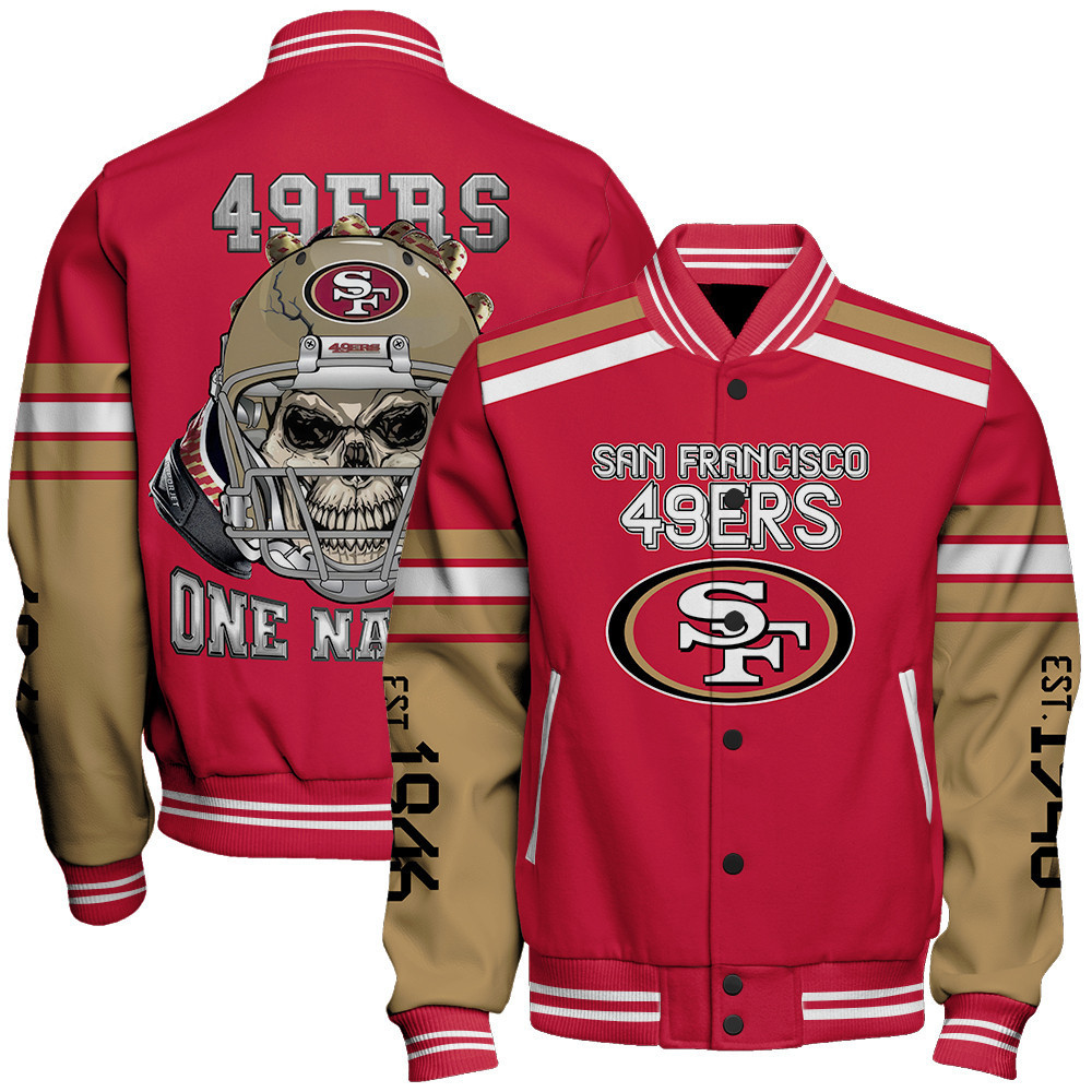 san francisco 49ers nfl skull and gloves pattern baseball varsity jacket baseball jacket all over print bu3ex