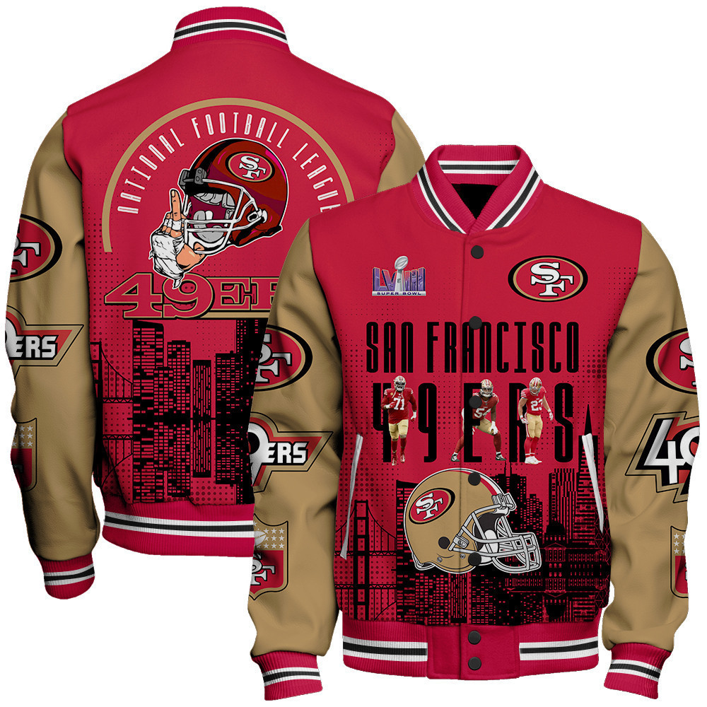 san francisco 49ers nfl team logo player design baseball varsity jacket baseball jacket all over print tbvja