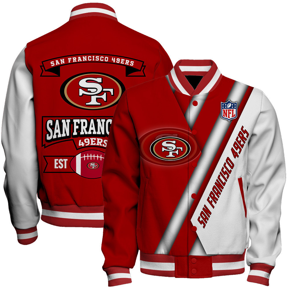 san francisco 49ers nfl team logo printed baseball varsity jacket baseball jacket all over print cuzgr