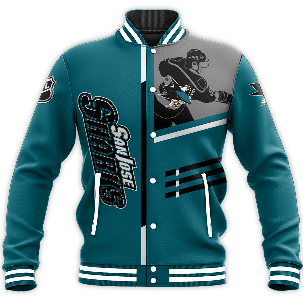 san jose sharks baseball jacket button up zipper hooded all over print personalized hockey for fan nhl ege0k