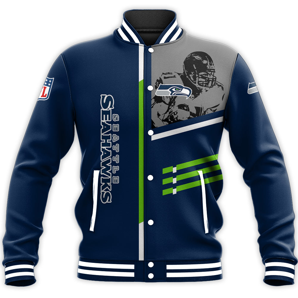 seattle seahawks baseball jacket button up zipper hooded all over print personalized football for fan nfl mv3s6