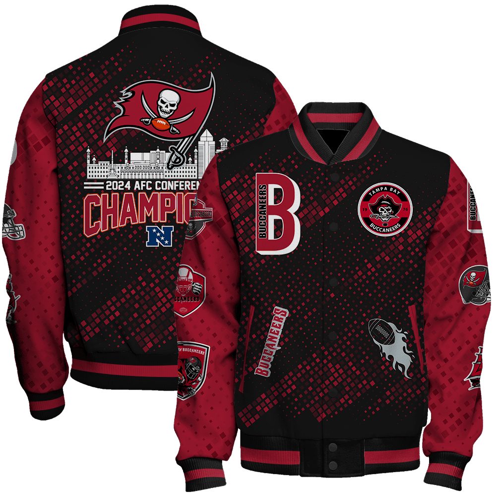 tampa bay buccaneers nfl 2024 nfc conference champions design unisex baseball varsity jacket baseball jacket all over print ko9ya