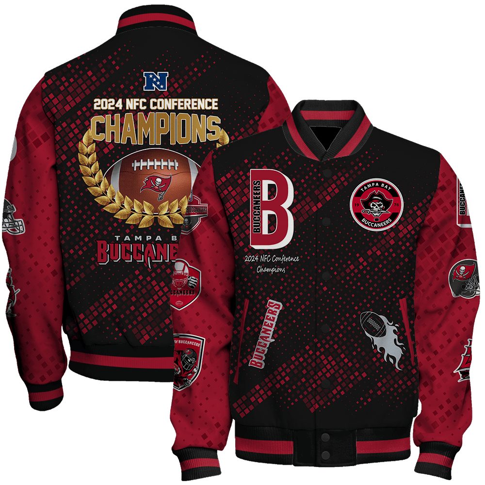 tampa bay buccaneers nfl 2024 nfc conference champions unisex baseball varsity jacket baseball jacket all over print 7rbjc