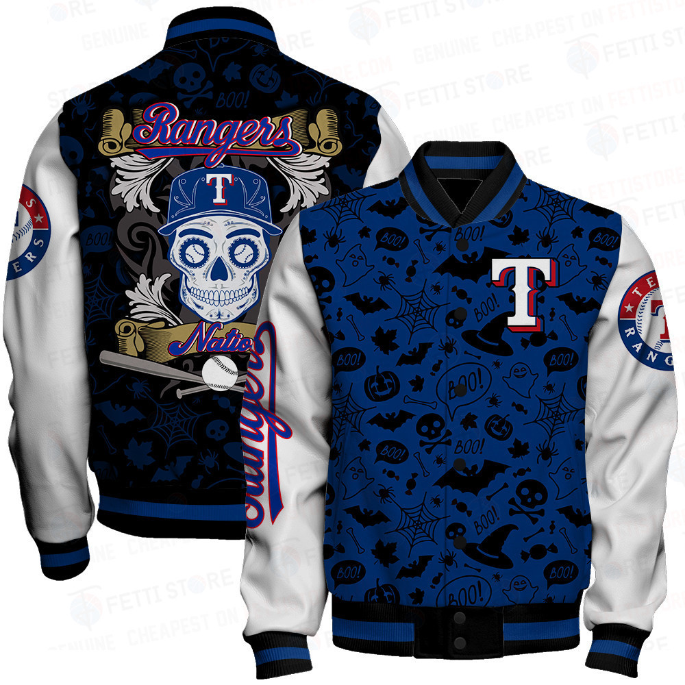 texas rangers mlb halloween pattern baseball varsity jacket baseball jacket all over print sbd4w