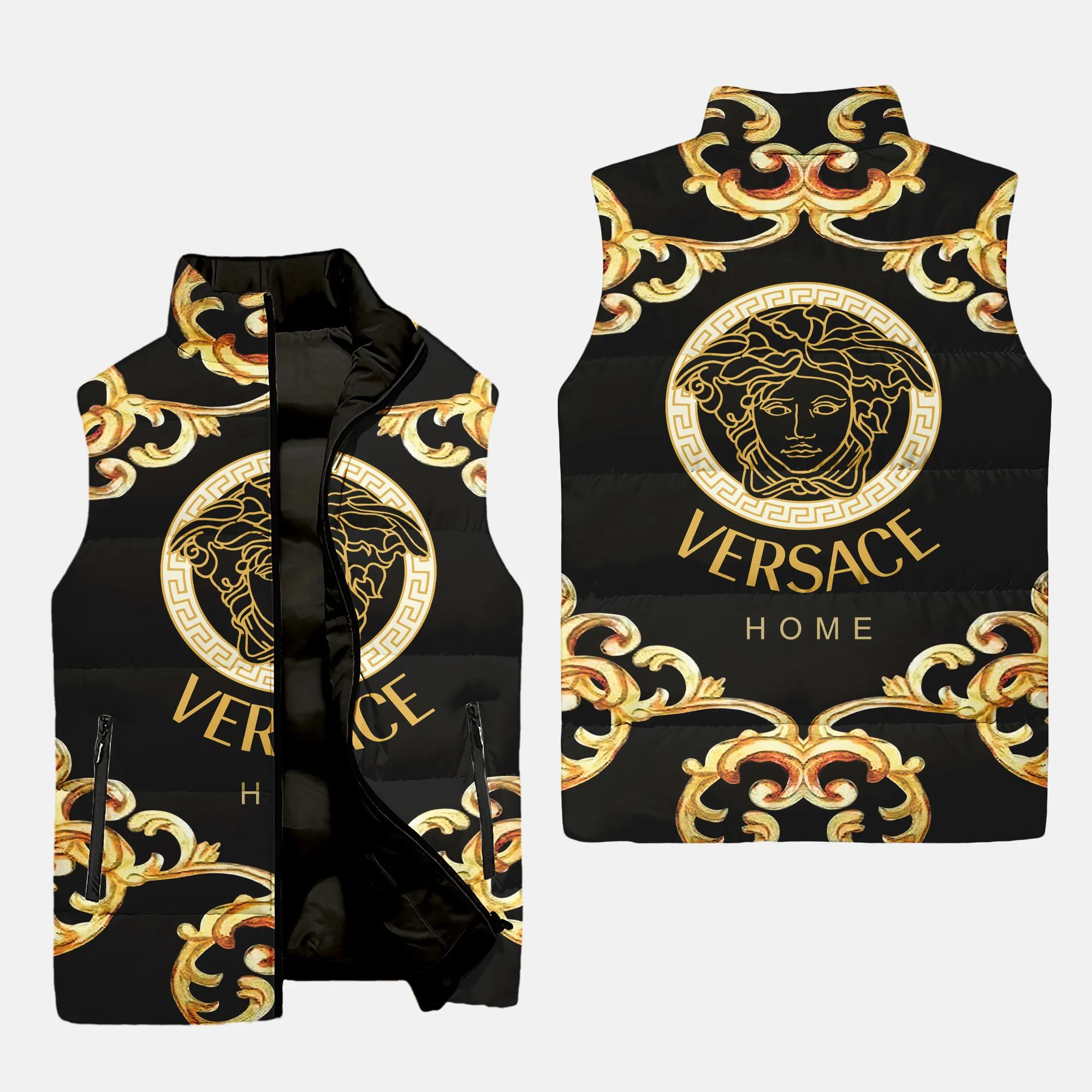 versace gold black patten luxury brand 3d sleeveless puffer jacket 20240108093846715