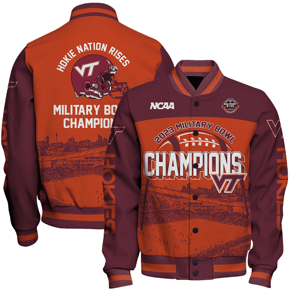 virginia tech hokies ncaa hokie nation rises military bowl baseball varsity jacket baseball jacket all over print taqon