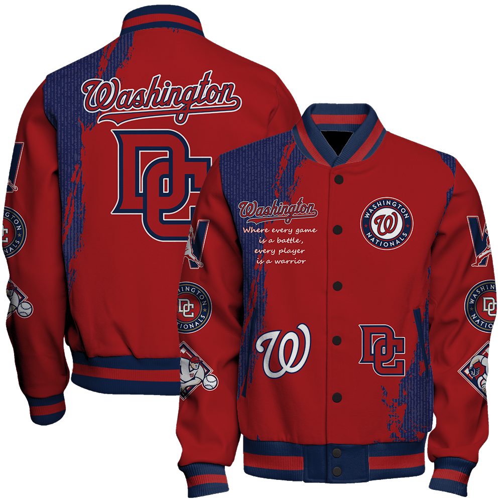 washington nationals mlb baseball every game is a battle 3d unisex baseball varsity jacket baseball jacket all over print t86z0