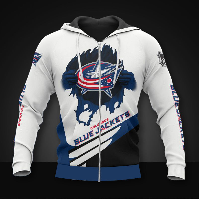 white columbus blue jackets zipper hoodies pullover print 3d nhl 4063 pzszs