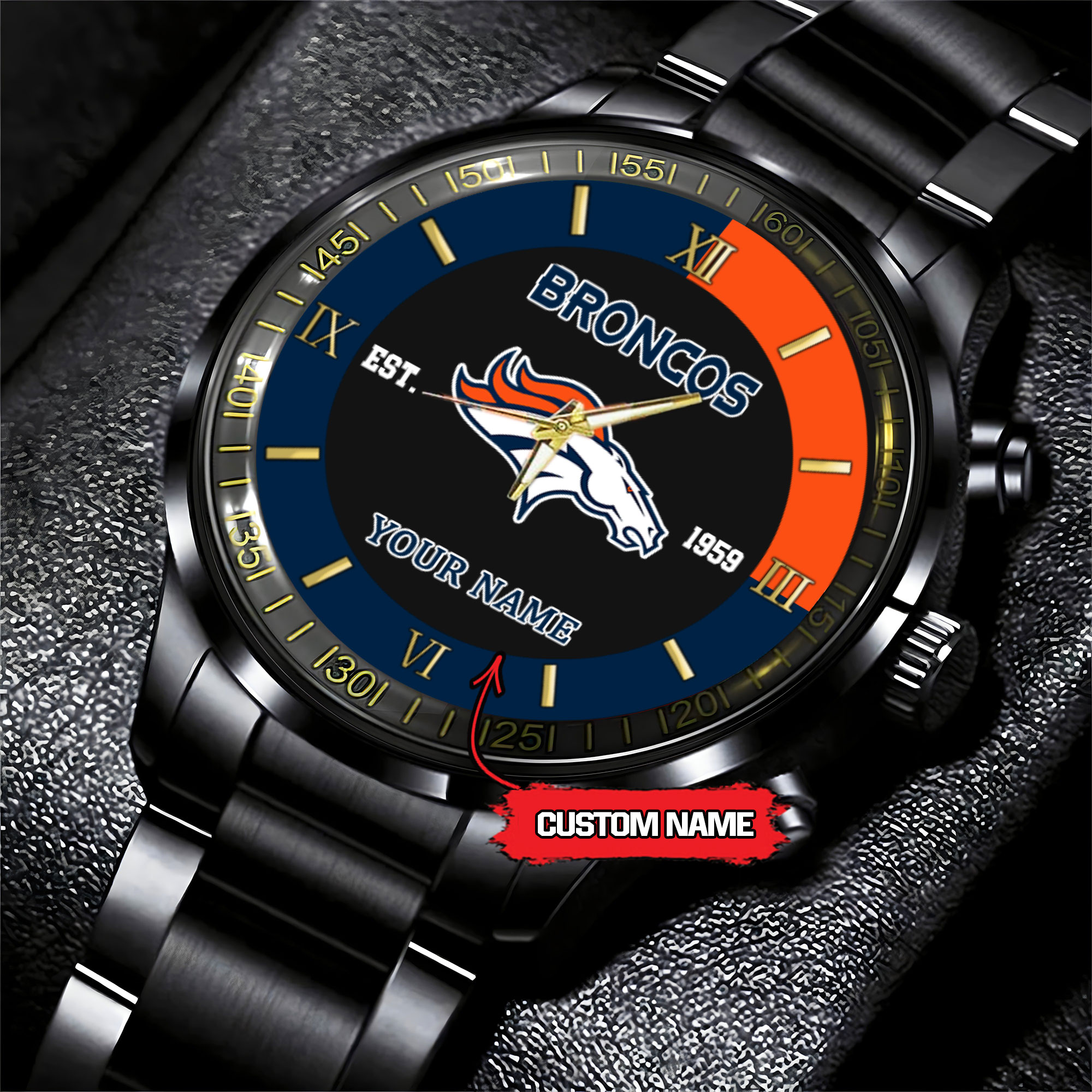 denver broncos nfl personalized black fashion watch pimro