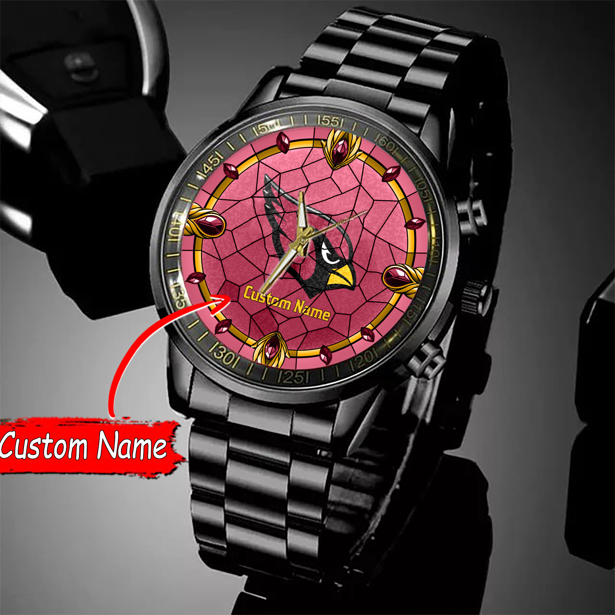 jwfancy arizona cardinals nfl personalized black stainless steel watch gift for fan dvl3l