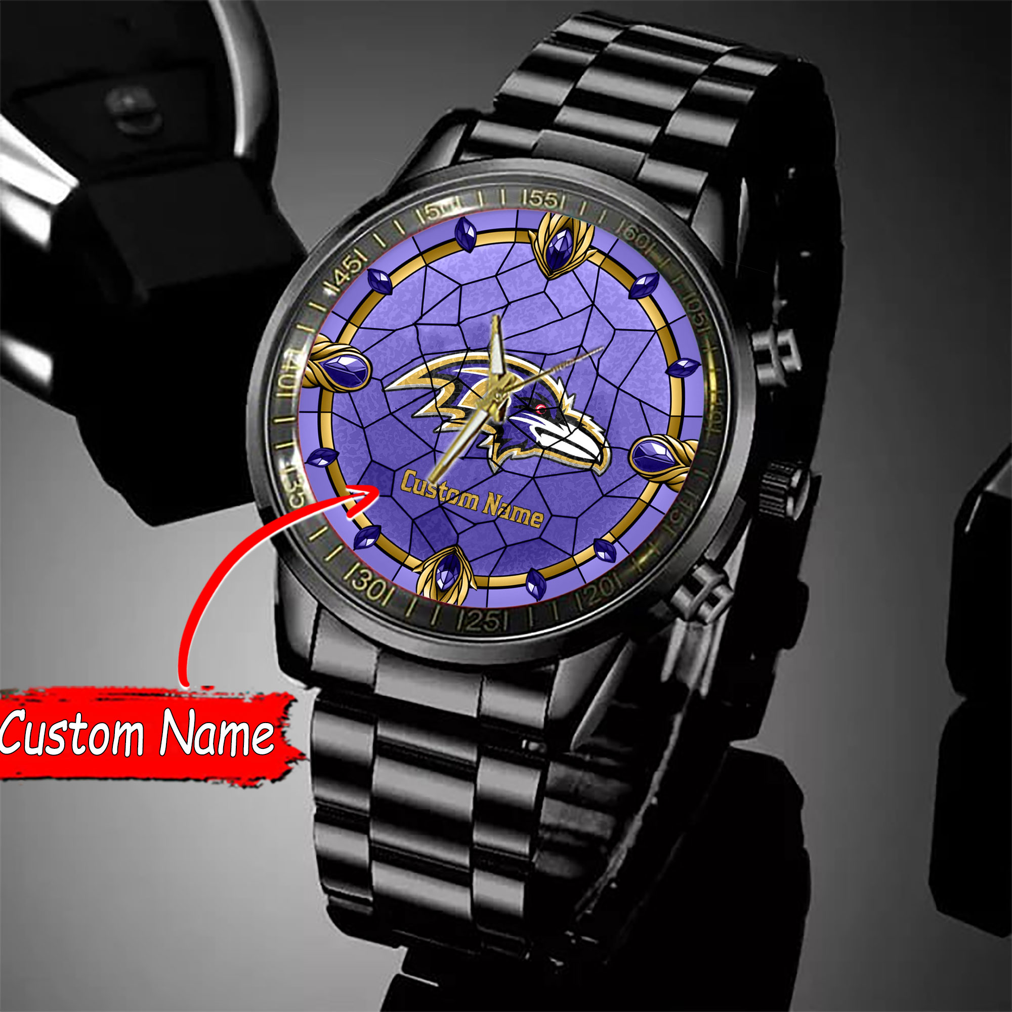 jwfancy baltimore ravens nfl personalized black stainless steel watch gift for fan hfrrk