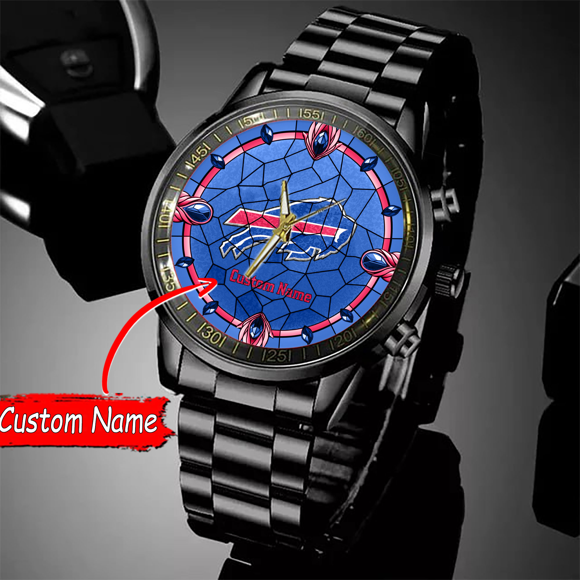 jwfancy buffalo bills nfl personalized black stainless steel watch gift for fan mls96