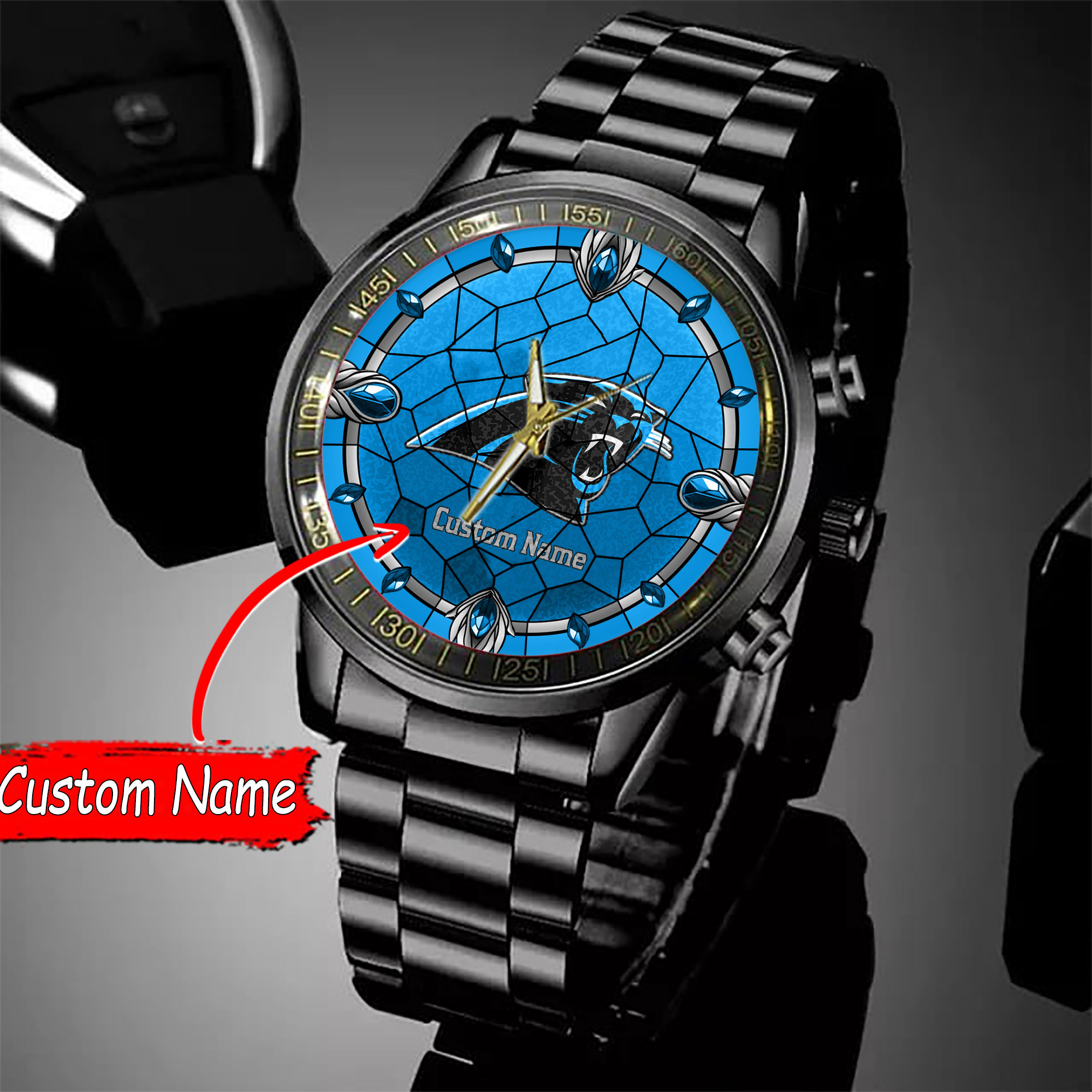 jwfancy carolina panthers nfl personalized black stainless steel watch gift for fan hwmd2