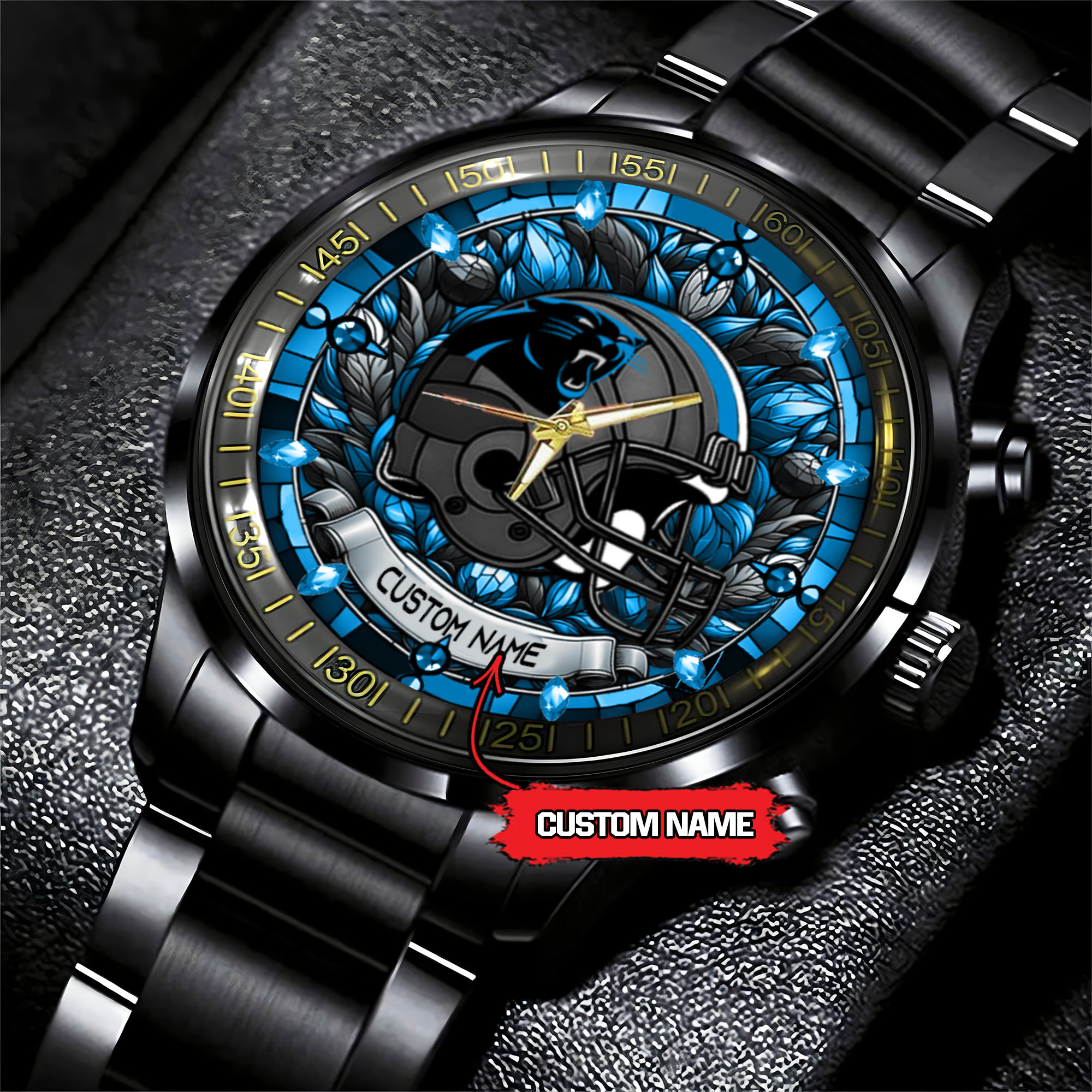 jwfancy carolina panthers nfl personalized stained glass black stainless steel watch zknvg