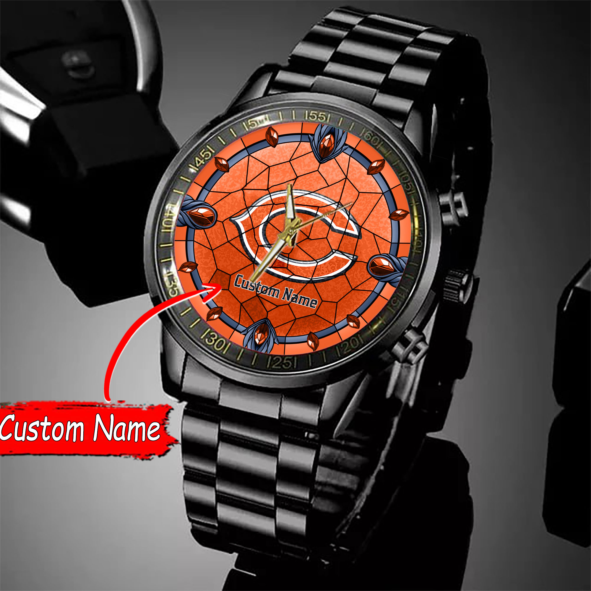 jwfancy chicago bears nfl personalized black stainless steel watch gift for fan 8i9jl