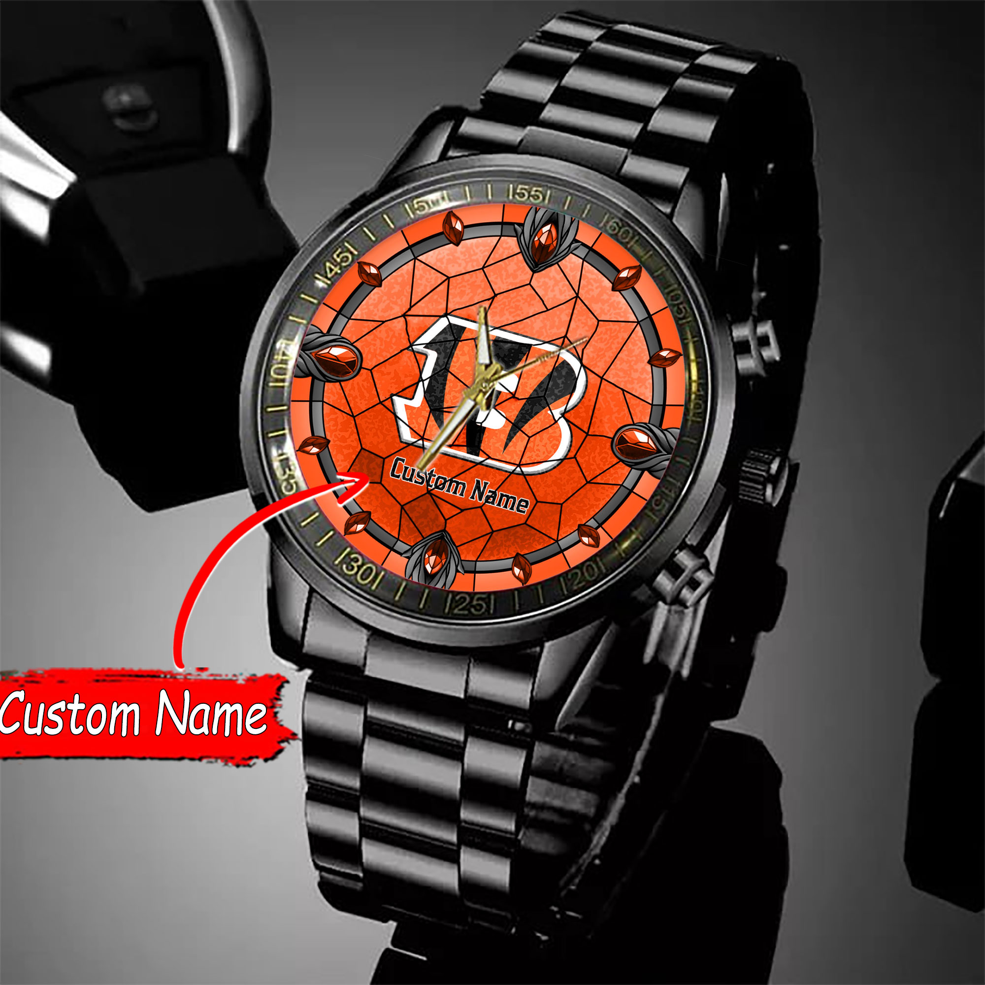 jwfancy cincinnati bengals nfl personalized black stainless steel watch gift for fan jgrtl