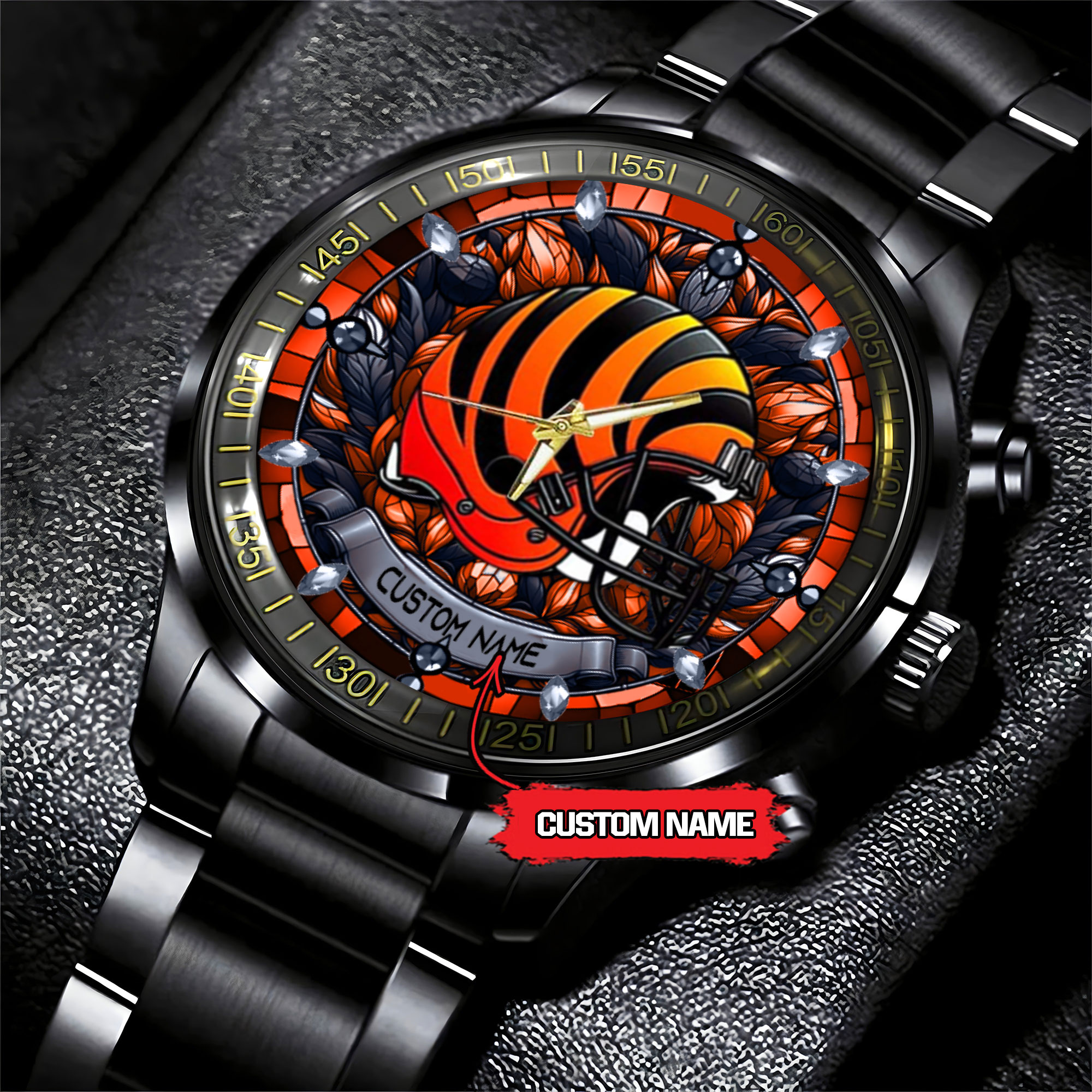 jwfancy cincinnati bengals nfl personalized stained glass black stainless steel watch j3e9v